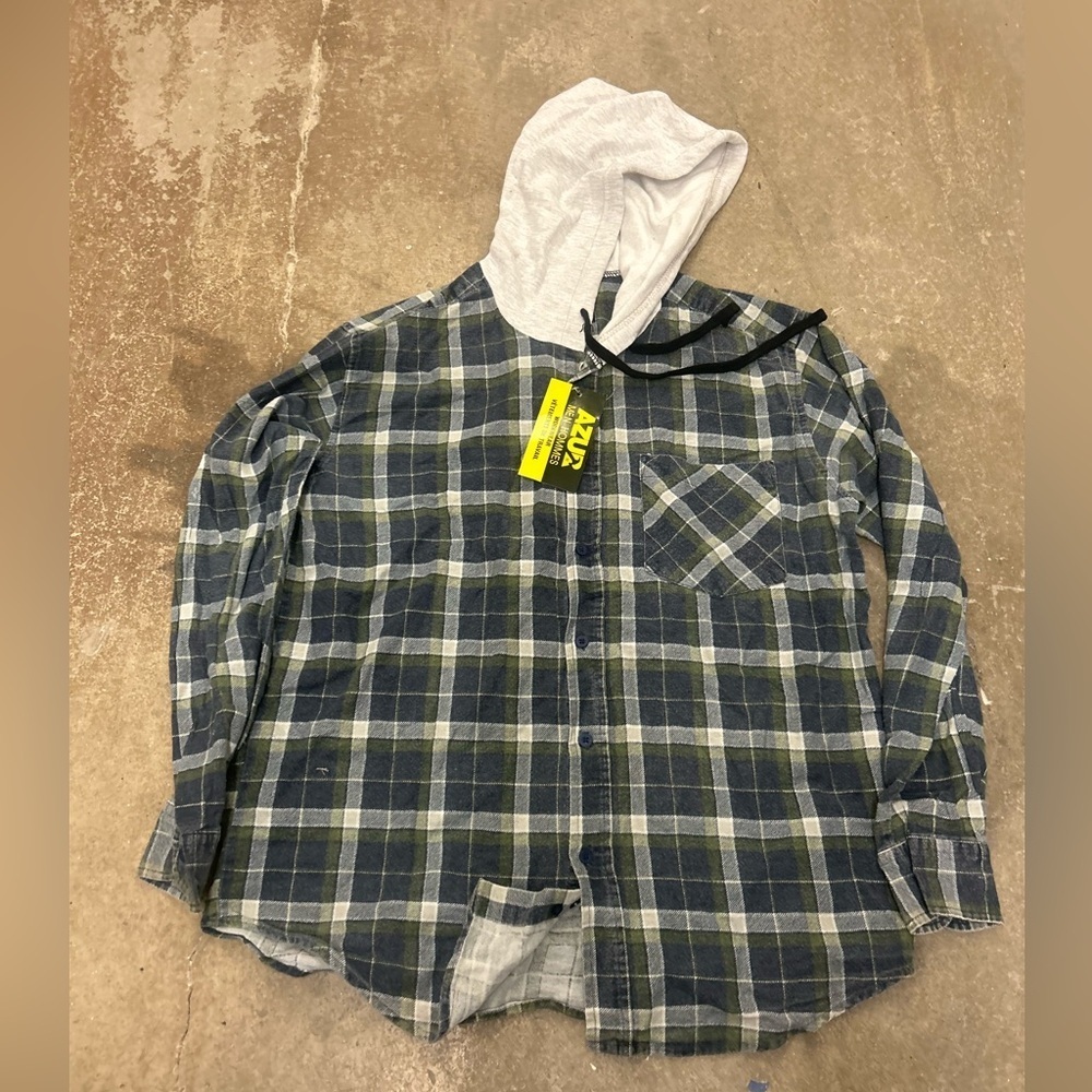 Nwt azur workwear Men's Blue Plaid Hooded Shirt‎